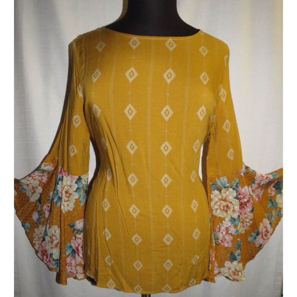 Mustard Geo Print Floral Challis Bell Sleeve Boho Blouse Plus Size 1X 14-16 - Picture 12 of 14